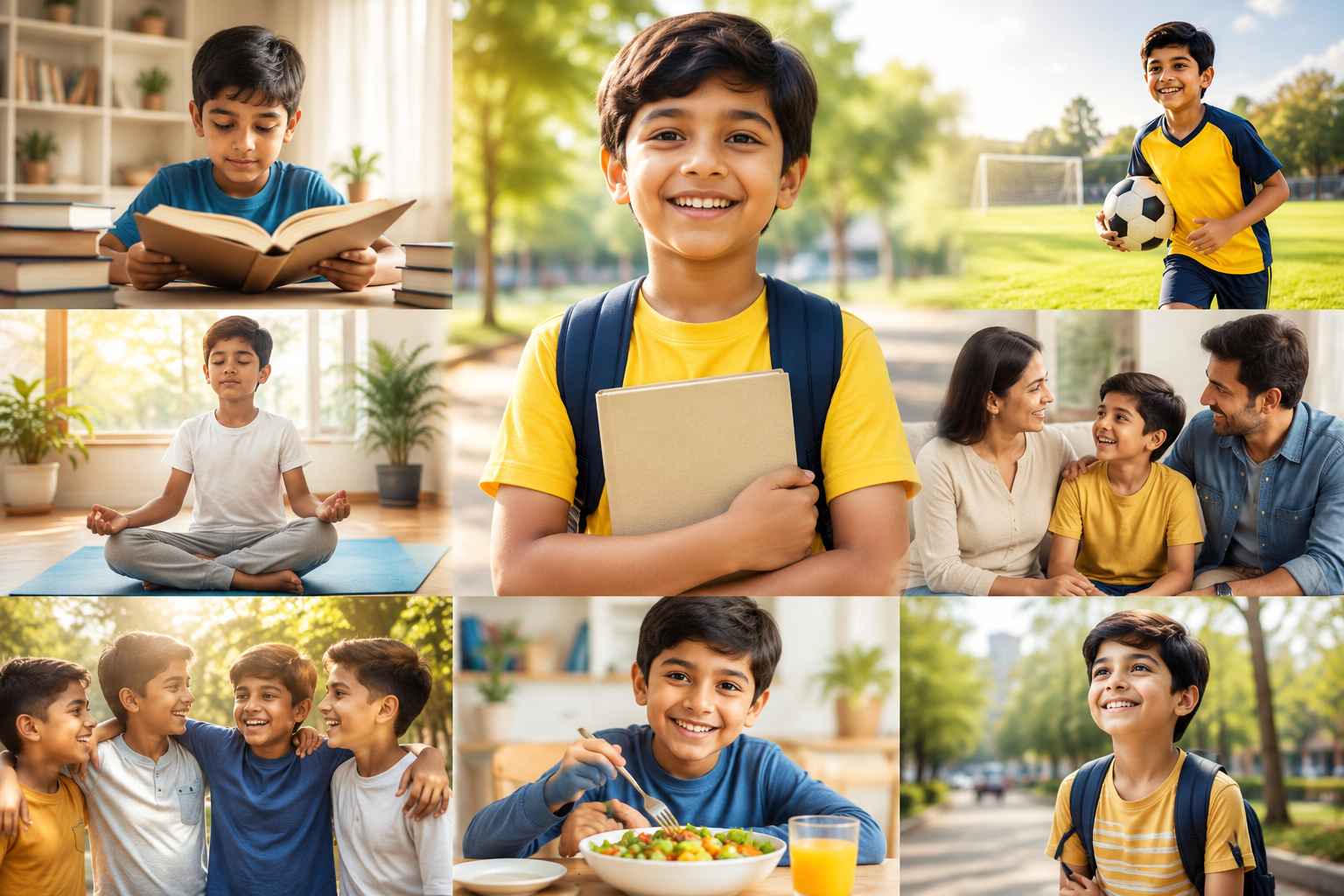 A child reading, meditating, playing sports, eating healthy, and spending time with family and friends