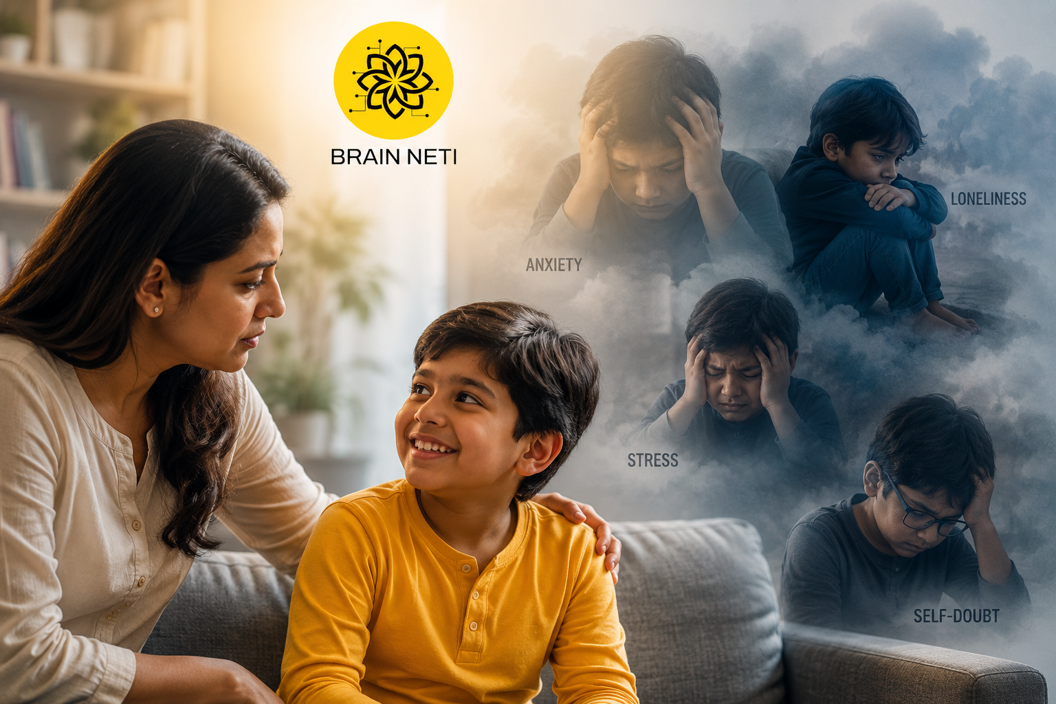 A mother sees her smiling child, while anxiety, stress, loneliness, and self-doubt quietly linger unseen