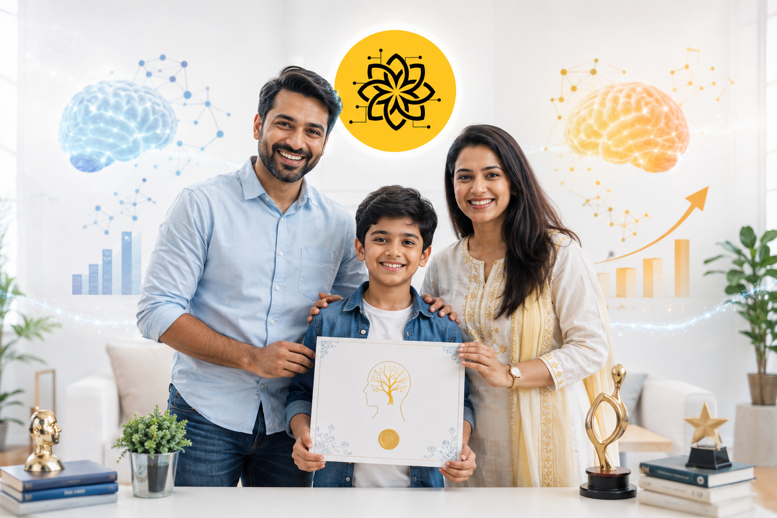 A family celebrating their child's growth with Brain Neti
