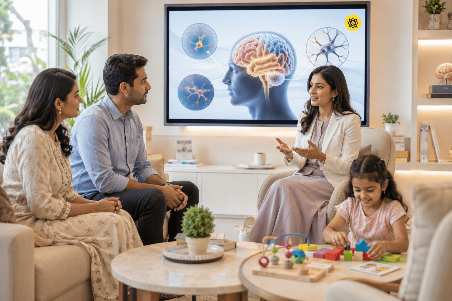 A family talks with a specialist in front of a screen showing a brain and neuron diagram, while their daughter plays with educational blocks nearby.