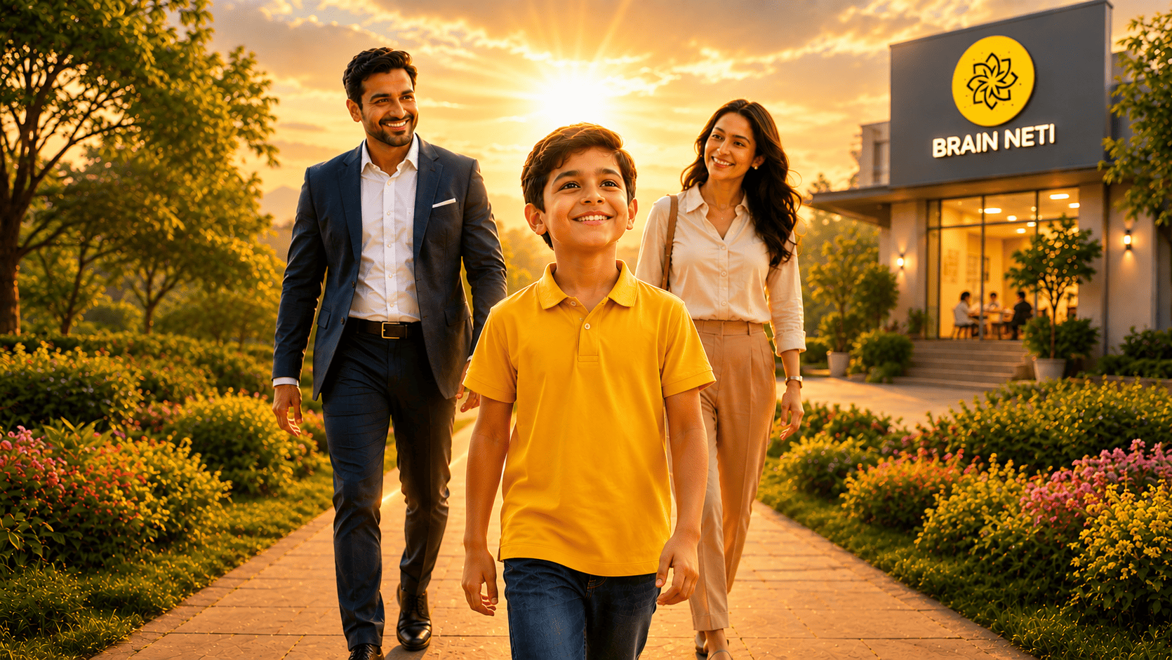 A family walks a sunlit path toward the Brain Neti Center, the son holding a Brain Neti folder, surrounded by icons for leadership, emotional intelligence, problem solving, lifelong learning, confidence, communication, creativity and decision-making.