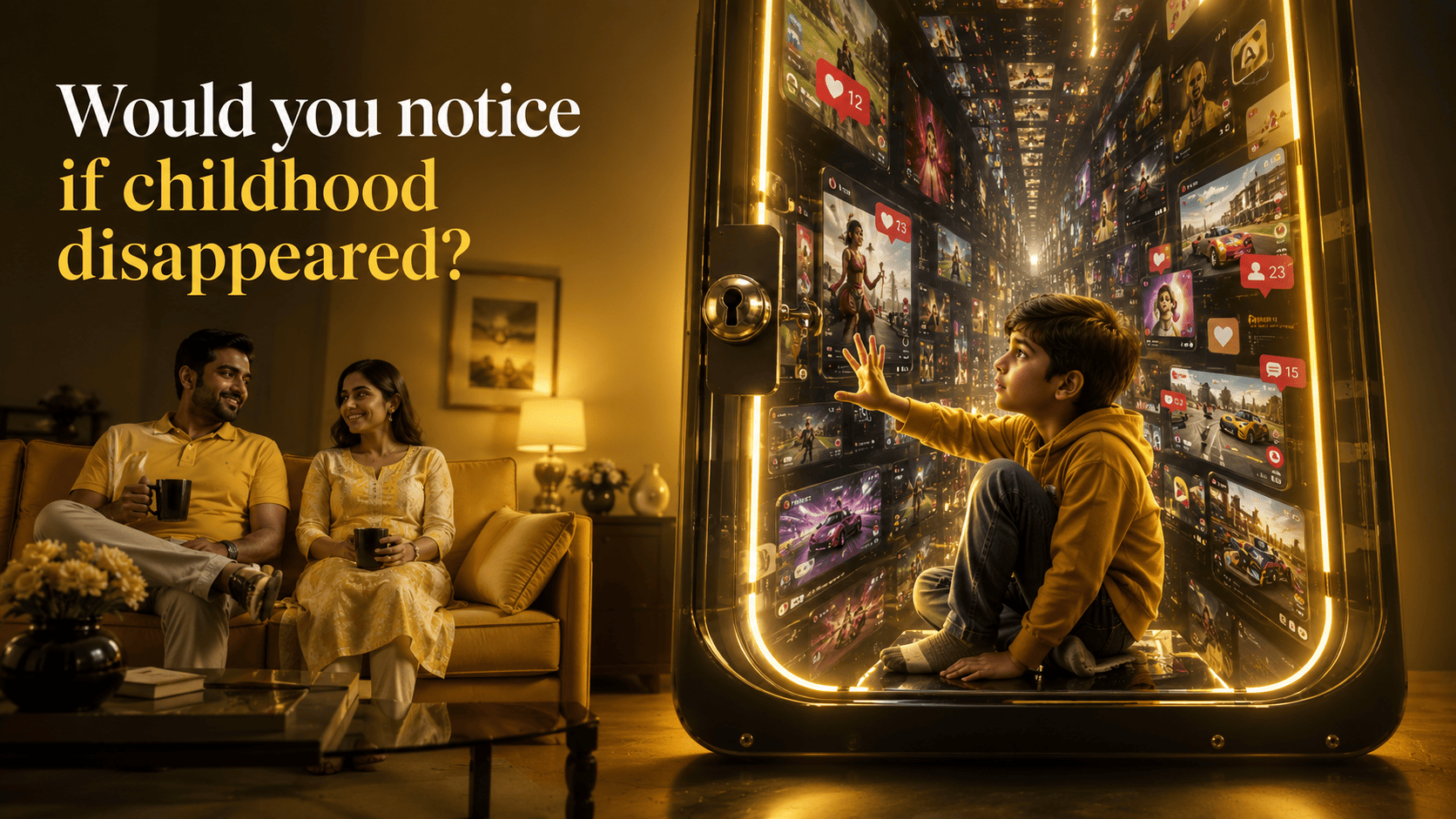 A boy reaches into a glowing tunnel of app screens, likes and game clips while his parents chat on the sofa behind him, unaware of how far inside he's gone.