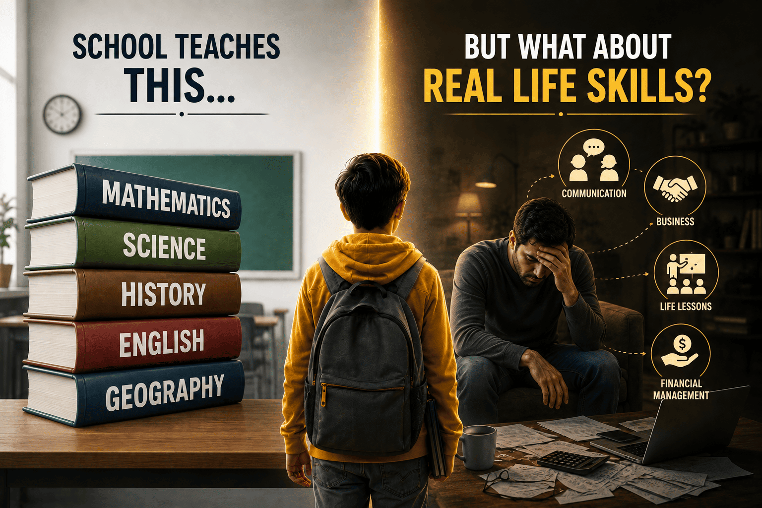 A boy stands between a stack of textbooks labelled Mathematics, Science, History, English and Geography, and a stressed man surrounded by bills and a laptop, with icons for communication, business, life lessons and financial management.