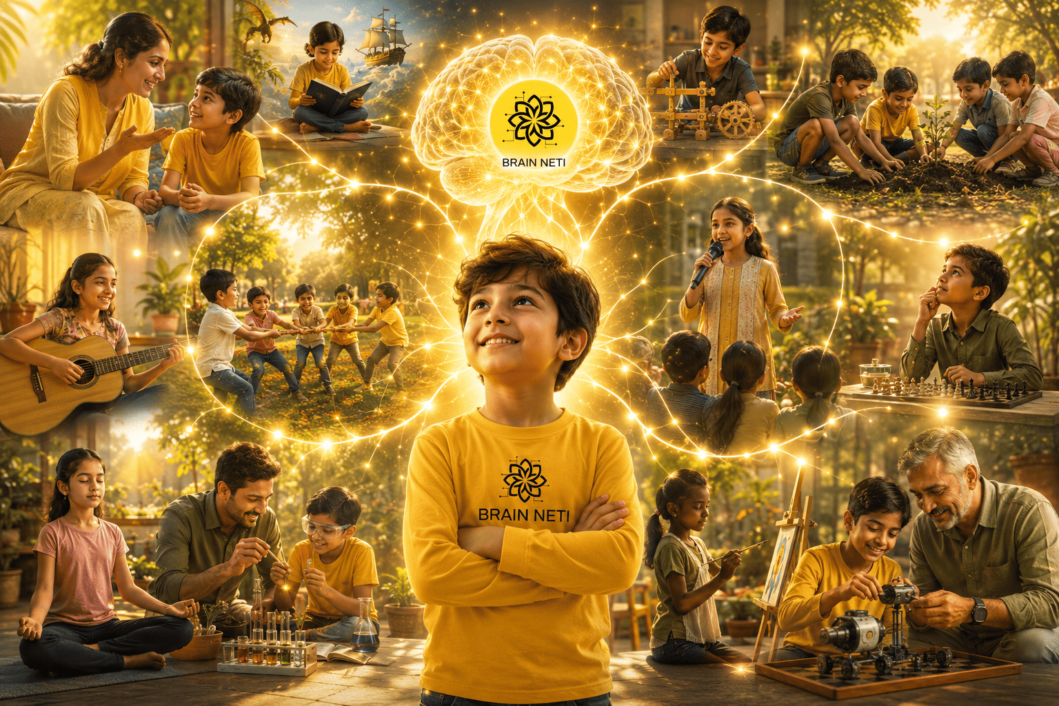 A boy in a Brain Neti t-shirt stands at the centre of a glowing web connecting scenes of daily life — reading, playing music, team games, chess, meditation, science experiments, art and family time.