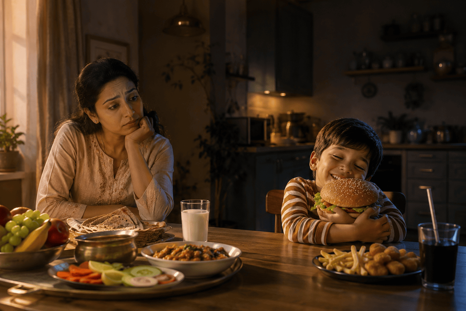 A mother watches with concern as her son happily hugs a burger beside fries, nuggets and soda, while a home-cooked thali of dal, roti, vegetables and fruit sits untouched near her.