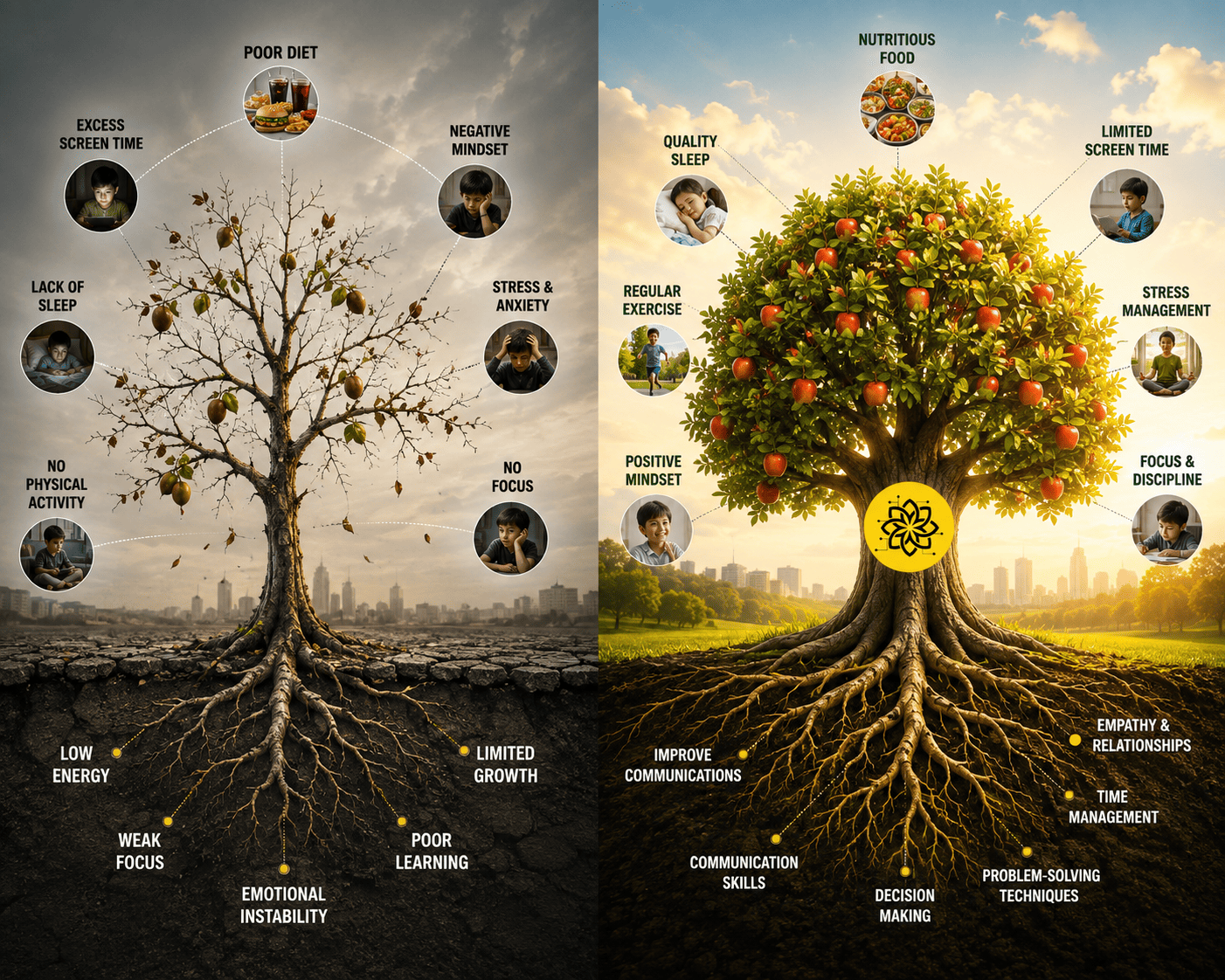 Two trees side by side: a bare, withered tree fed by poor diet, screen time, negative mindset, stress and inactivity, with roots labelled low energy and emotional instability; a flourishing fruit tree fed by nutritious food, sleep, exercise and focus, marked with the Brain Neti emblem, with roots labelled communication, decision-making and empathy.