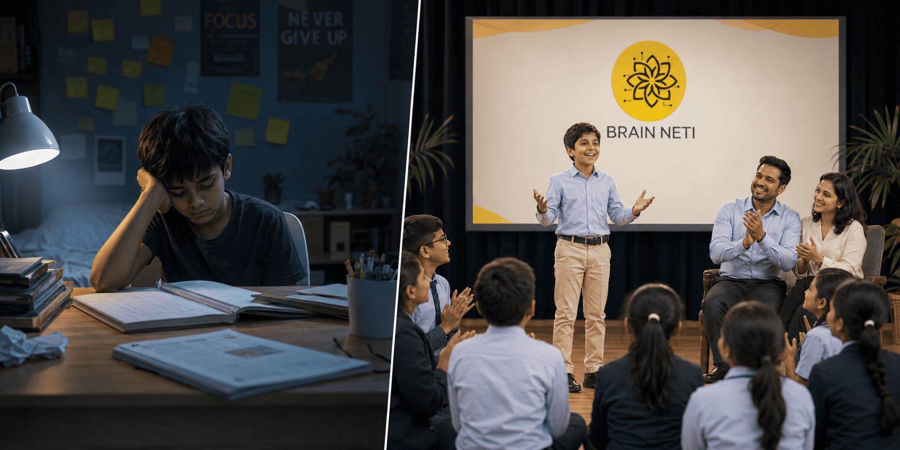 Split image: a boy studies alone late at night surrounded by sticky notes reading Focus and Never Give Up; beside him, a boy confidently presents to applauding classmates and parents in front of a Brain Neti screen.