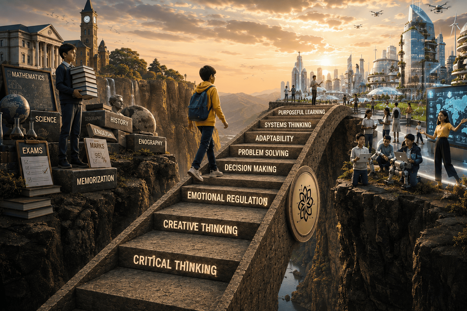 A boy crosses a bridge of stepping stones labelled critical thinking, creative thinking, emotional regulation, decision-making, problem solving, adaptability, systems thinking and purposeful learning — marked at its centre with the Brain Neti emblem — from an old school island toward a bright future city.